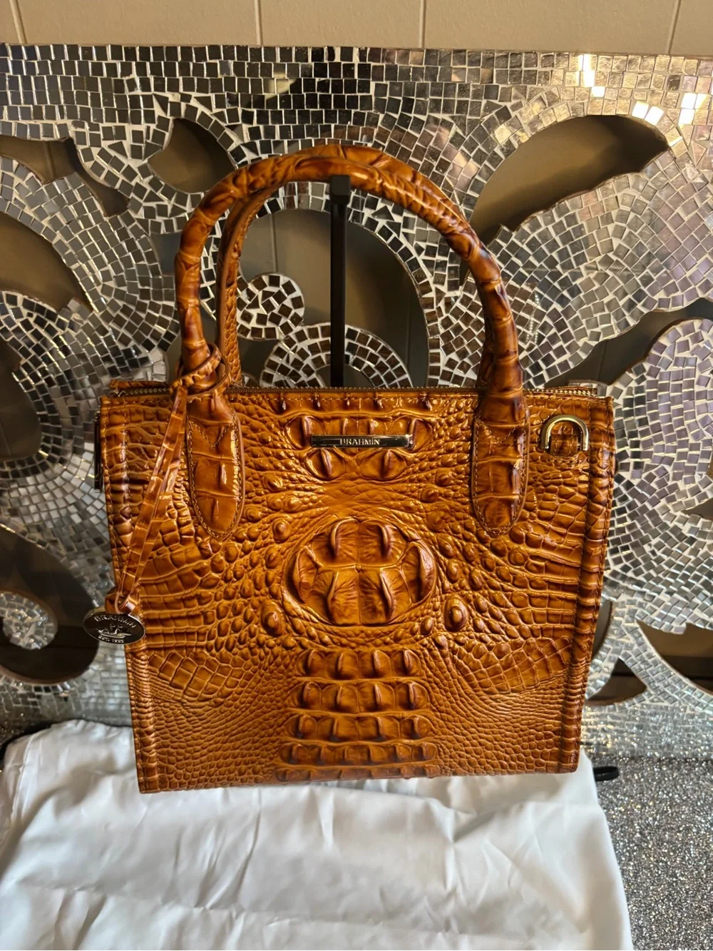 🌟Brahmin Croc-Embossed Leather Satchel in Cognac Brown